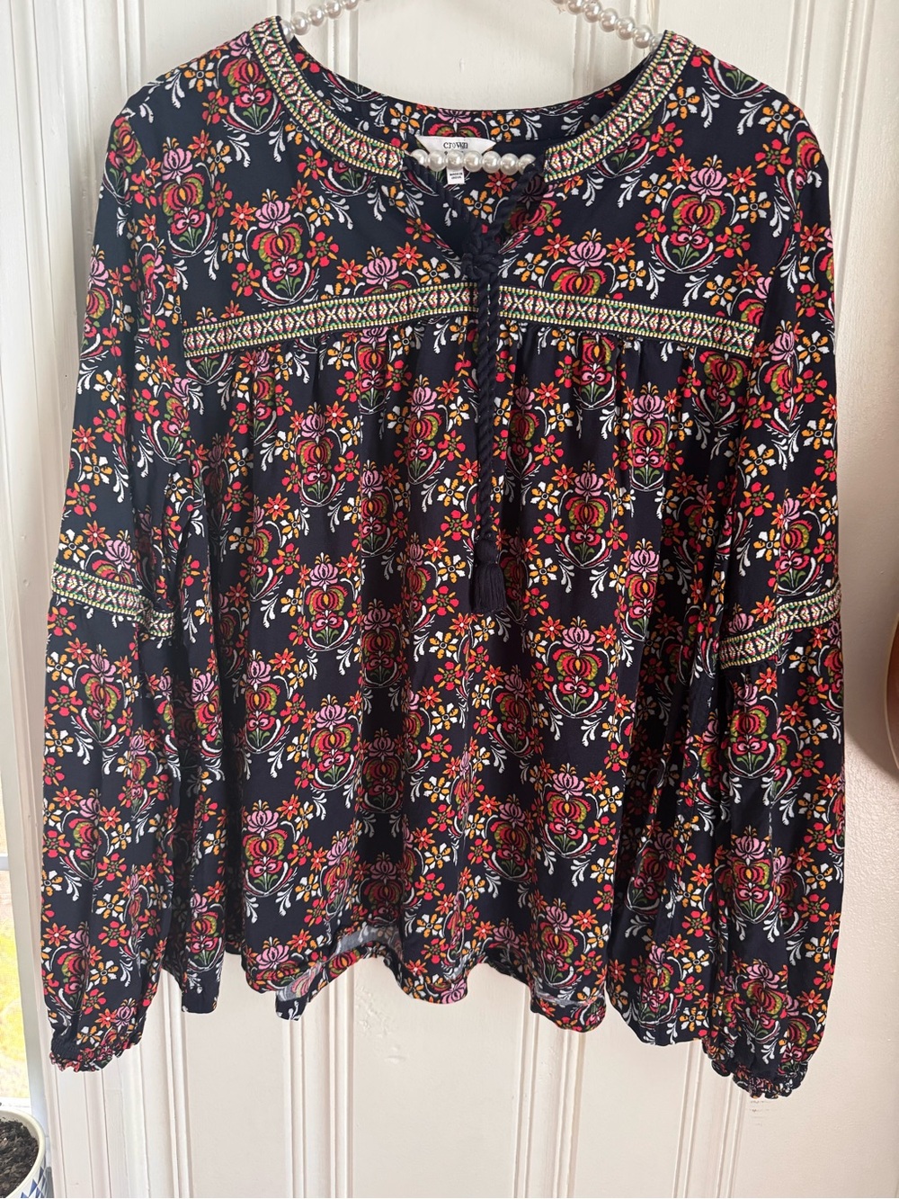 crown & ivy Navy Floral Tassel Peasant Blouse